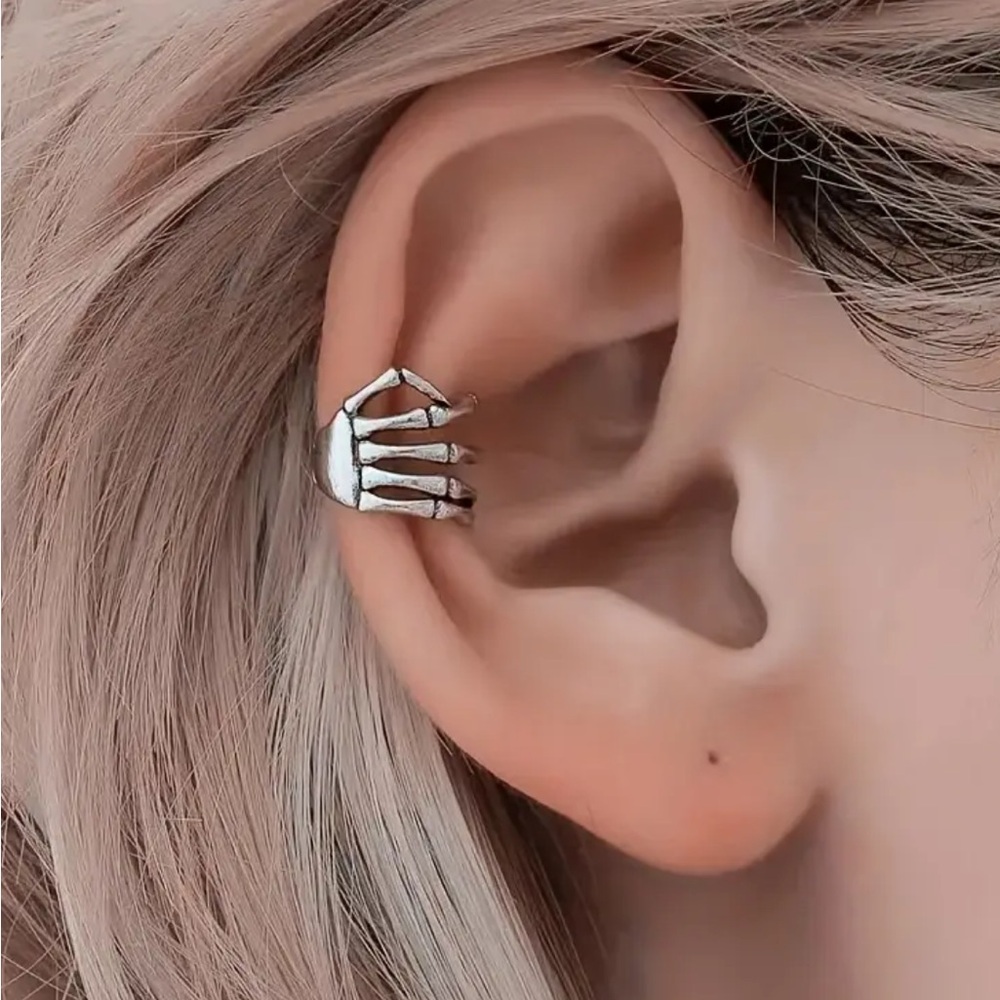 Sterling Silver Skeleton Hand Ear Cuff - Silver